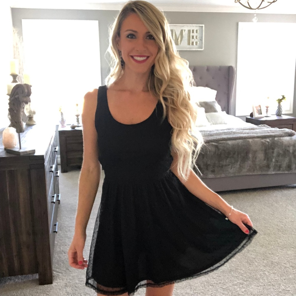 Black Mesh Polka Dot Fit and Flare Dress